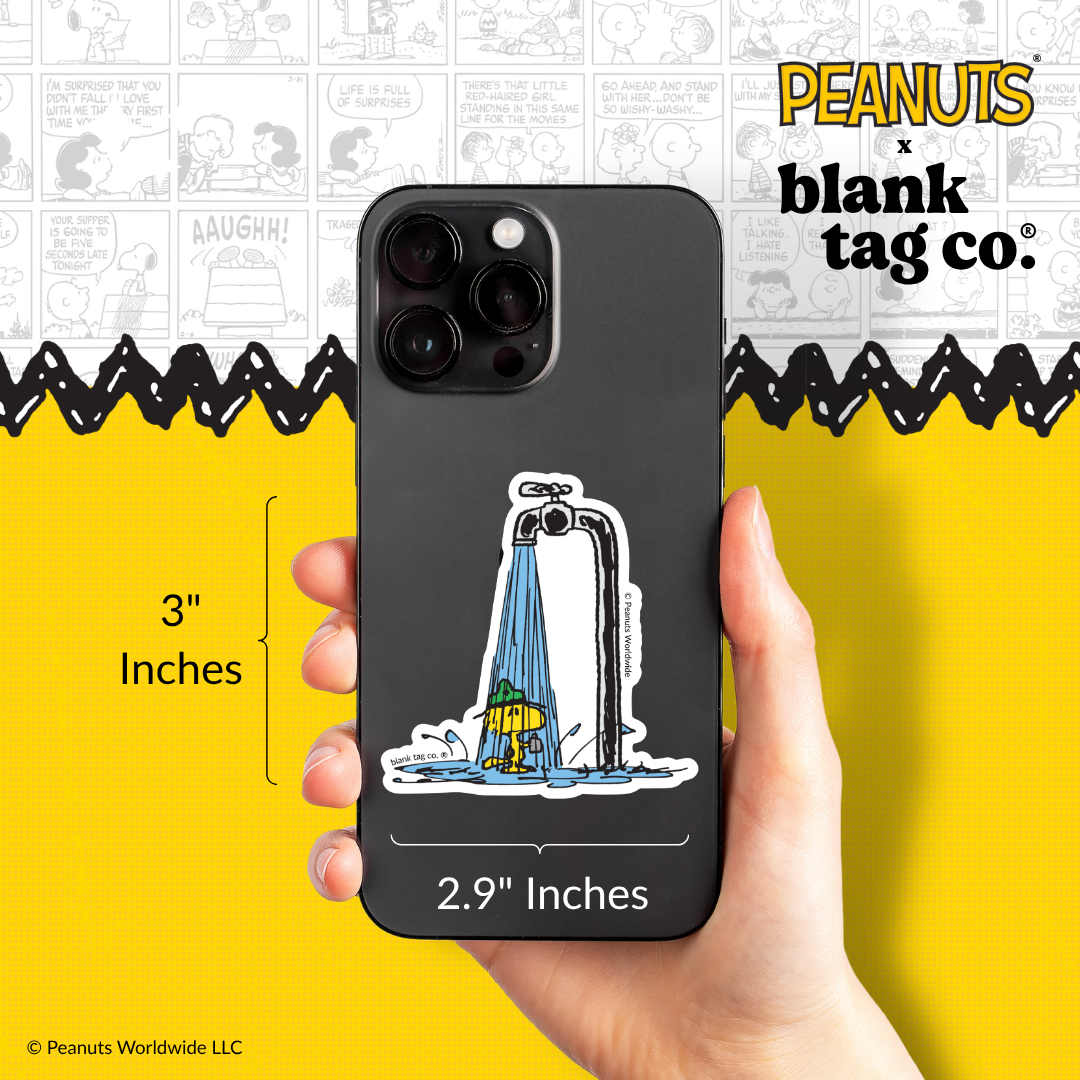 Peanuts® Waterproof Sticker - Showering Camping Woodstock