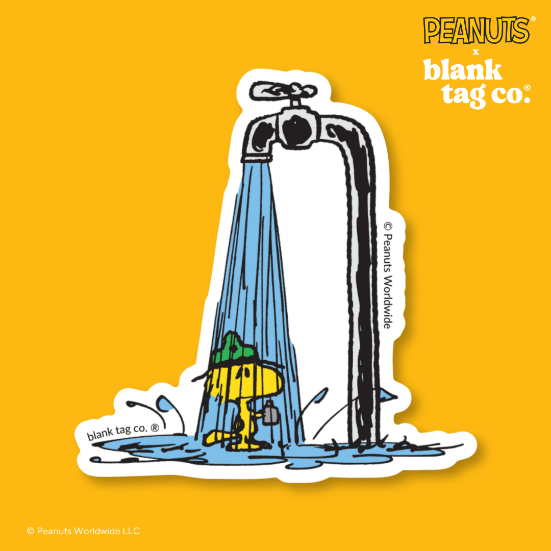 Peanuts® Waterproof Sticker - Showering Camping Woodstock